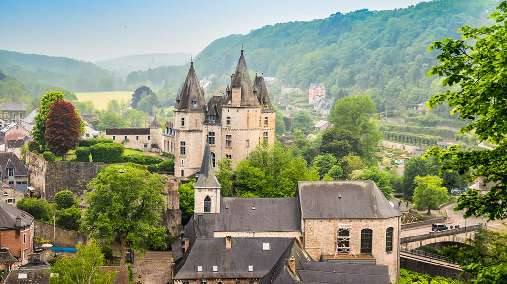 Durbuy, Walloon city in the Belgian province of Luxembourg. Beautiful medieval castle in the city centre. 