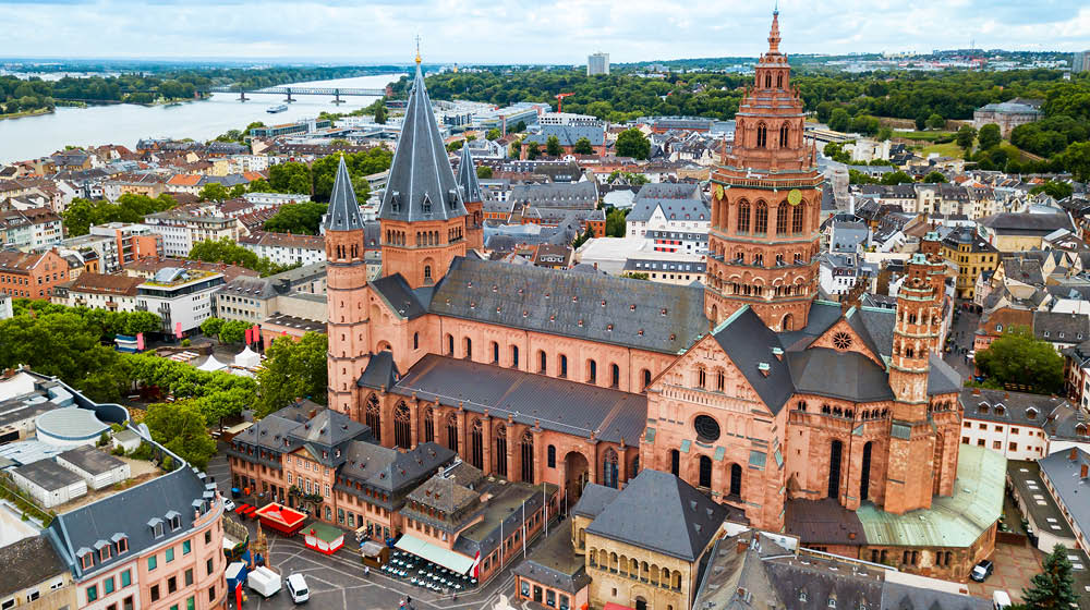 Mainz Cathedral aerial panoramic view, located at the market square of Mainz city in Germany