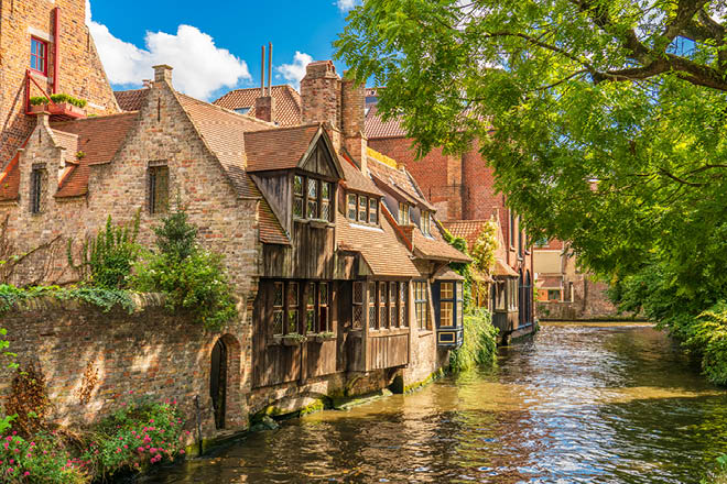 Classic view of the historic city center of Bruges (Brugge), West Flanders province, Belgium. Cityscape of Bruges. Architecture and landmark of Bruges