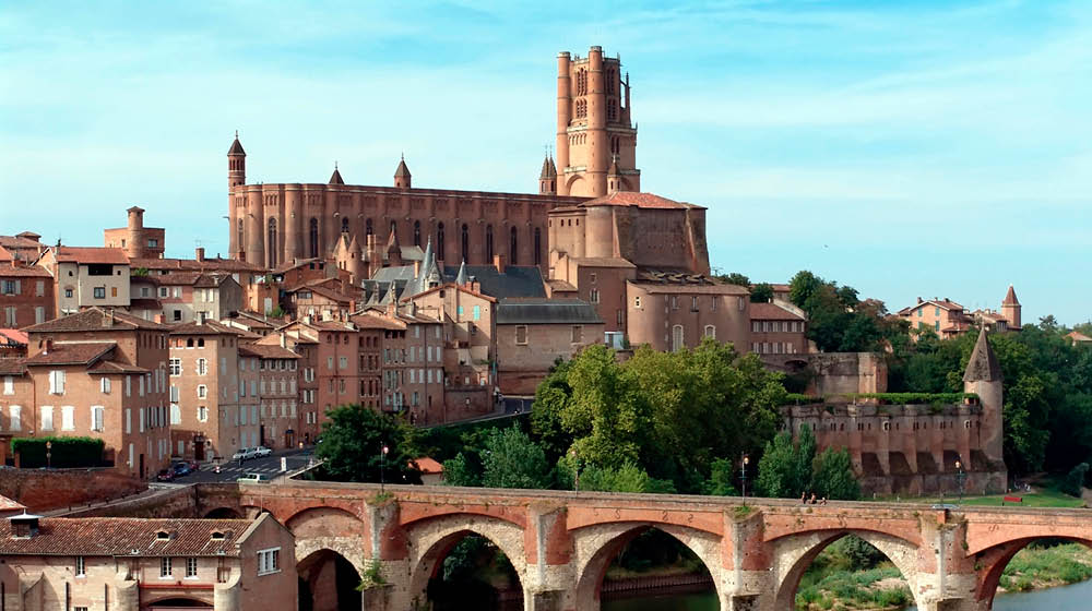 Sainte Cecile Cathedral in the background and Toulouse-Lautrec museum, river Tarn, Albi (France) Midi-Pyr n es region