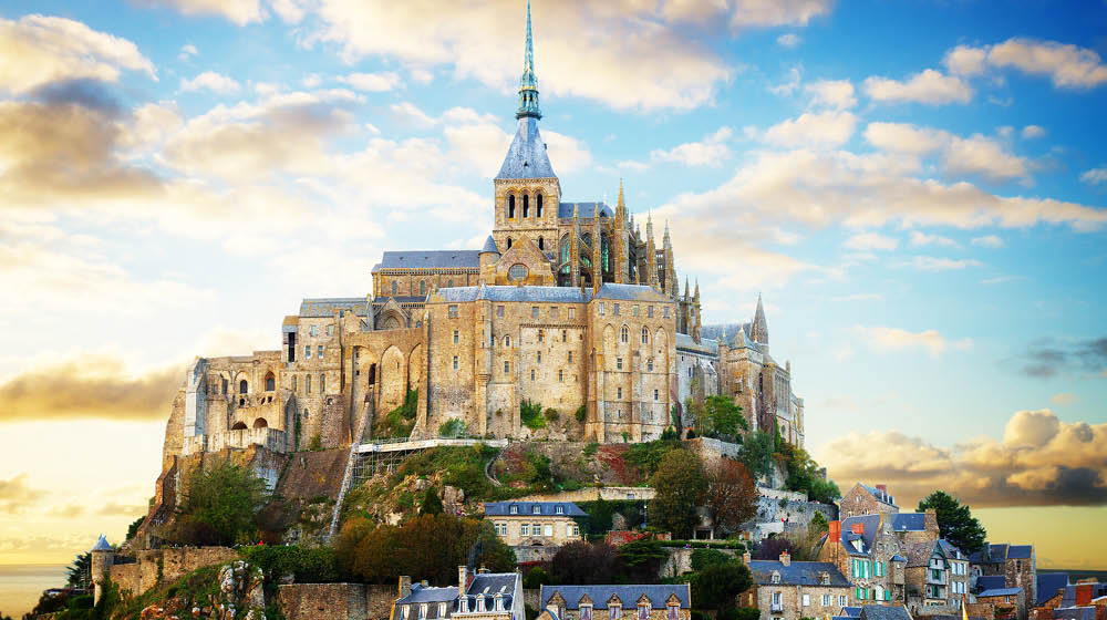 close up of Mont Saint Michel on sunset, France retro toned