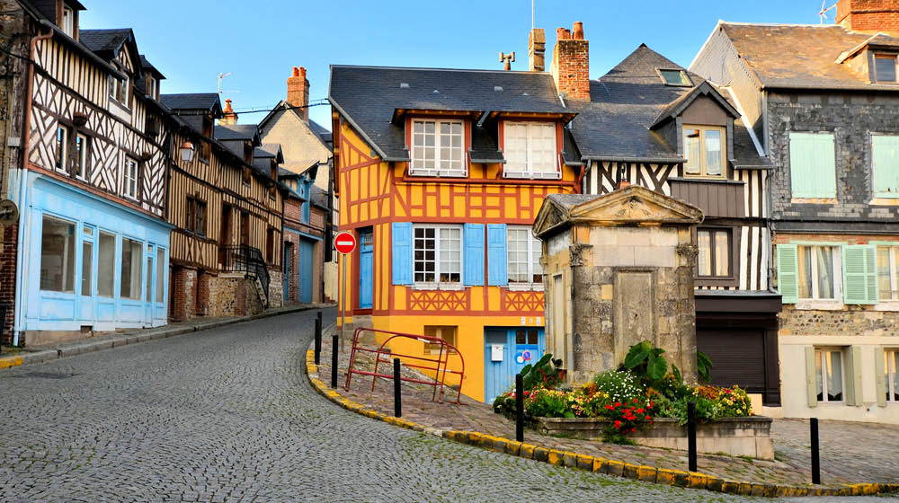 Historic half timbered buildings in the beautiful town of Honfleur, France