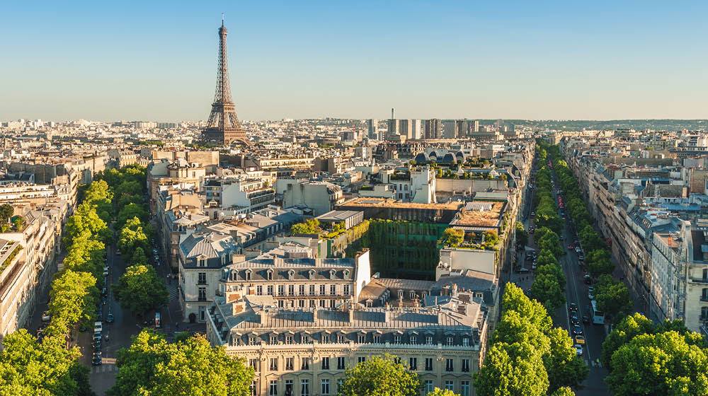 skyline of paris with eiffel tower at dusk