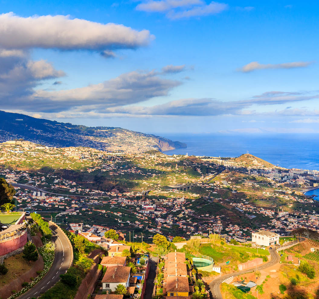 Panoramic view from Cabo Girao viewpoint at the capital Funchal of the island Madeira, Portugal