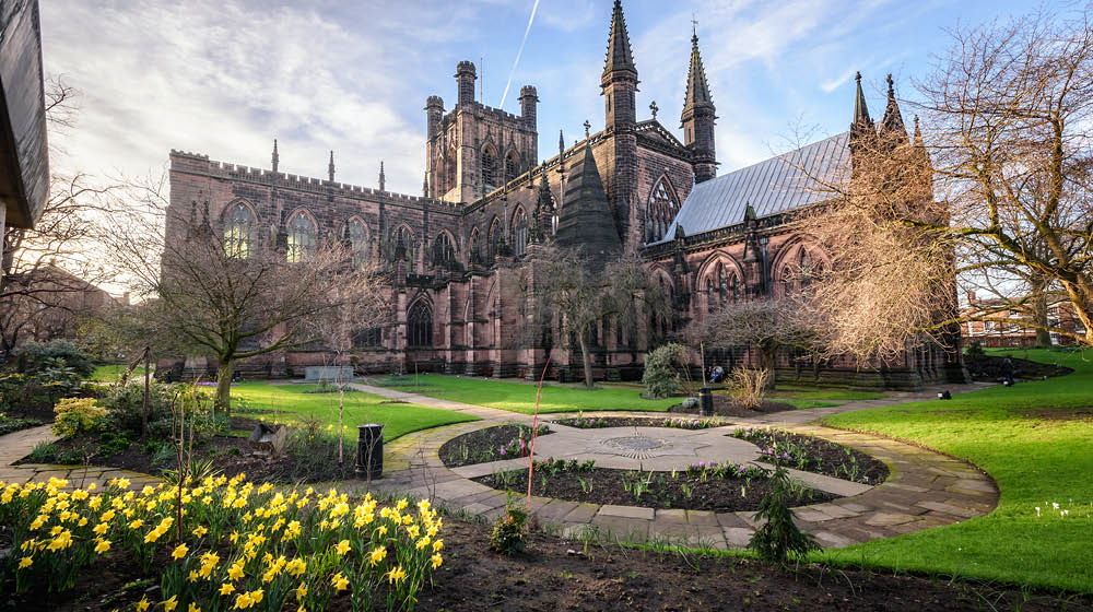 Spring flower blooming in the garden of Chester cathedral , Chester city, England.