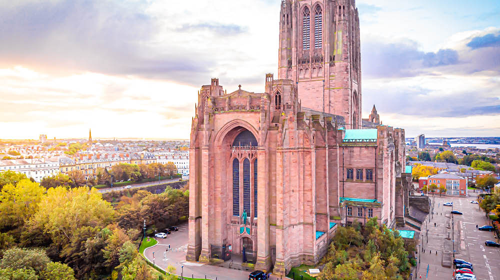 Aerial view of Liverpool Cathedral in the morning, UK