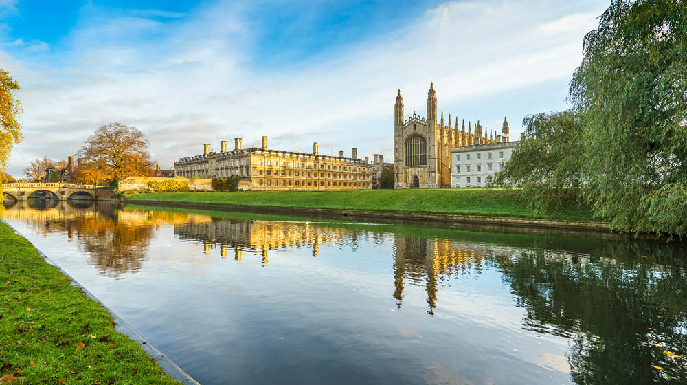 Kings college and cam river viewed in the morning in Cambridge, England 