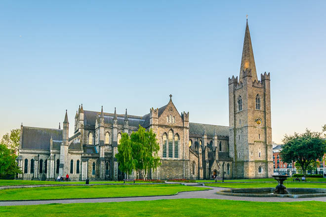 Night view of the St. Patrick's Cathedral in Dublin, Ireland