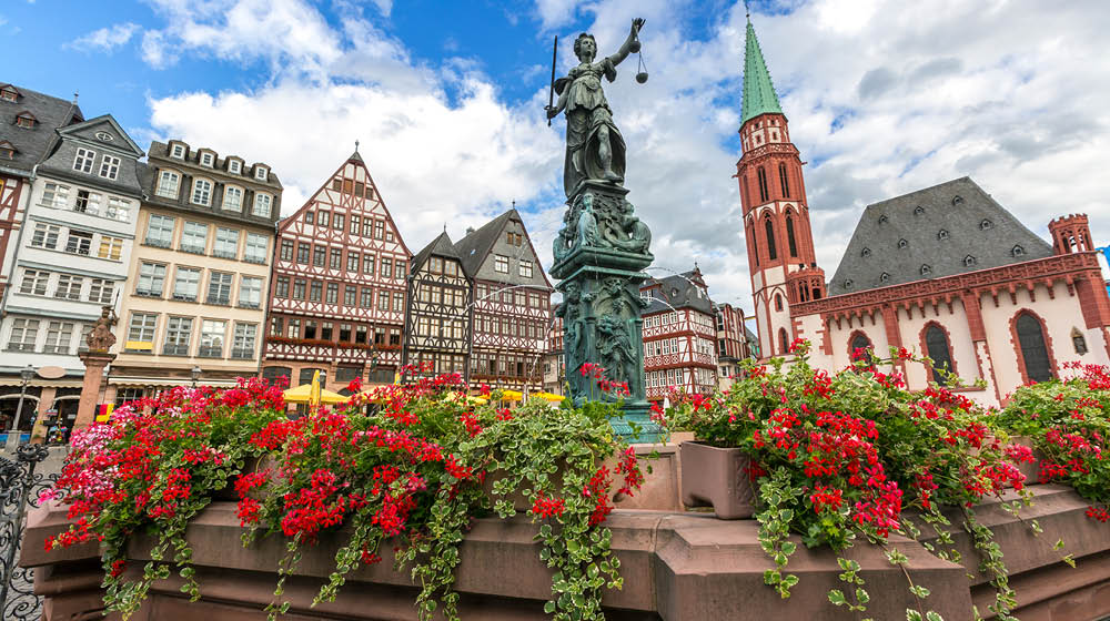 Frankfurt old town with the Justitia statue. Germany