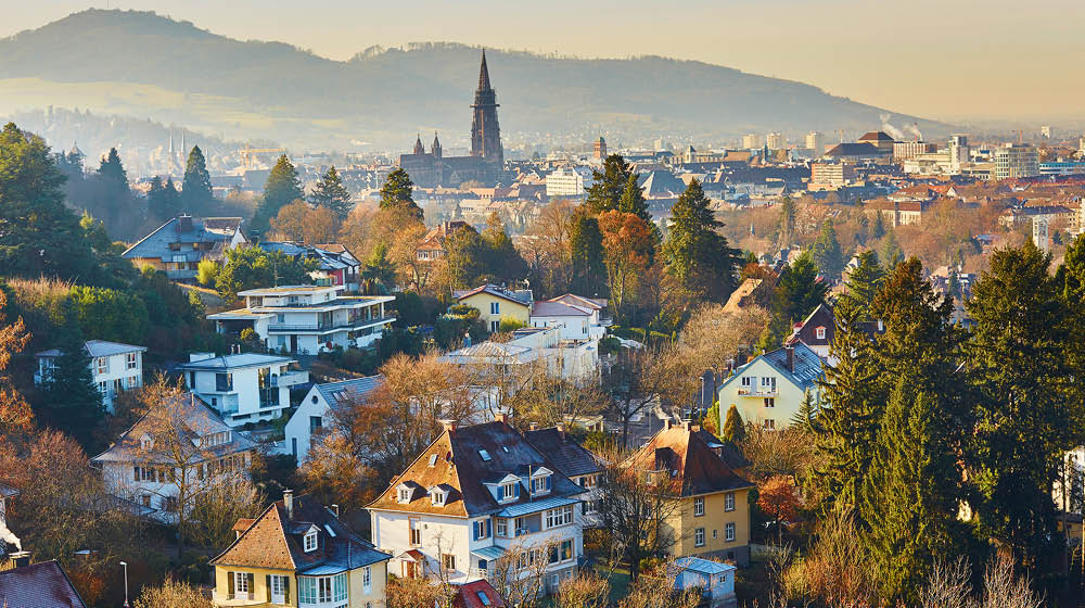 Beautiful panorama of Freiburg im Breisgau in Germany