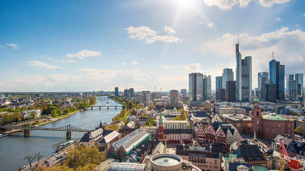 View of skyline at center business district in Frankfurt, Germany. Frankfurt is financial business center of Germany and Europe.