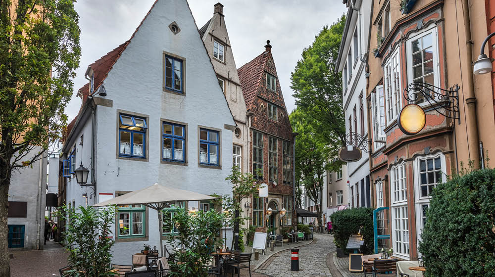 Schnoor is a district in the medieval centre of Bremen city. Medieval narrow alleys in the old town of Bremen which house a lot of small shops, boutiques, cafes and restaurants
