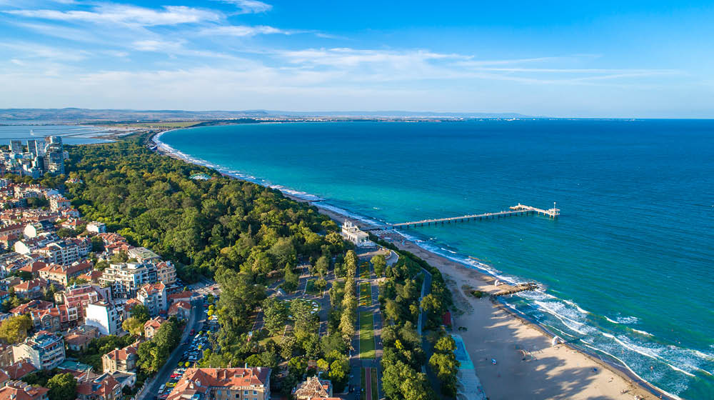 Wide aerial drone view over the sea garden in Burgas, Bulgaria. The scene is situated outdoors near sunset in Burgas, Bulgaria on the Black Sea shores. The photo is taken with DJI Phantom 4 Pro drone.