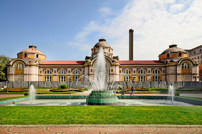 Sofia, Bulgaria, park with fountain in front of the Sofia Public Mineral Bath