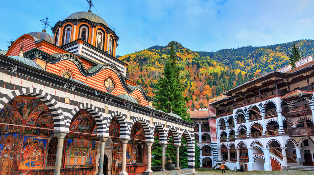 Beautiful view of the Orthodox Rila Monastery, a famous tourist attraction and cultural heritage monument in the Rila Nature Park mountains in Bulgaria