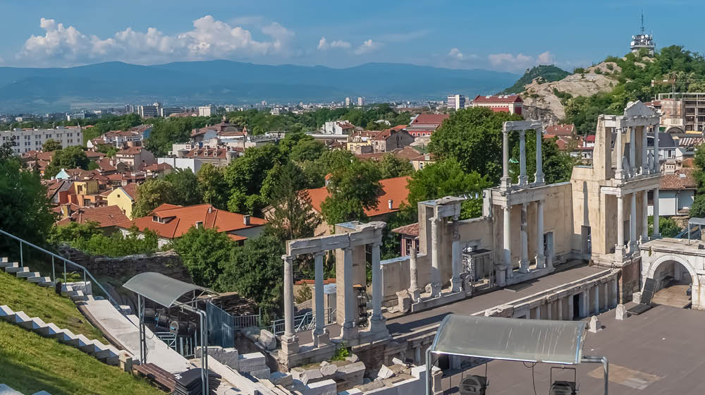The ruins of the Roman theatre of Plovdiv, Bulgaria. One of the world's best-preserved ancient theatres, constructed in the 1st century under Emperor Domitian