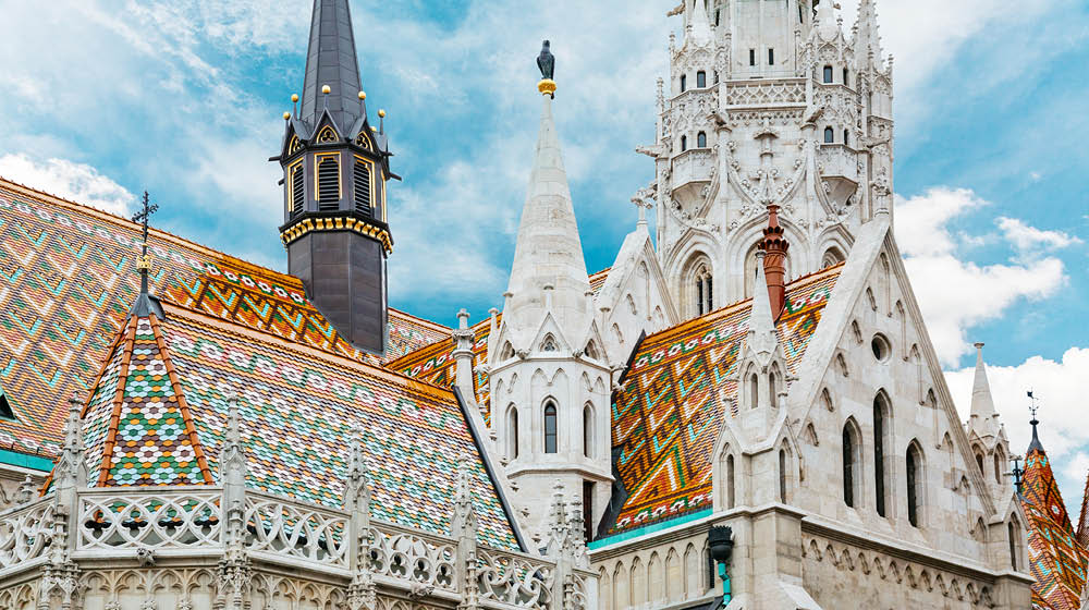 Fisherman's Bastion (Halaszbastya) in Budapest. In medieval times, the fish market was nearby and the bastion was built to commemorate the fishermen who protected this part of the city. The seven tent-like turrets symbolize the seven Hungarian tribes that arrived to the Carpathian Basin in 896.