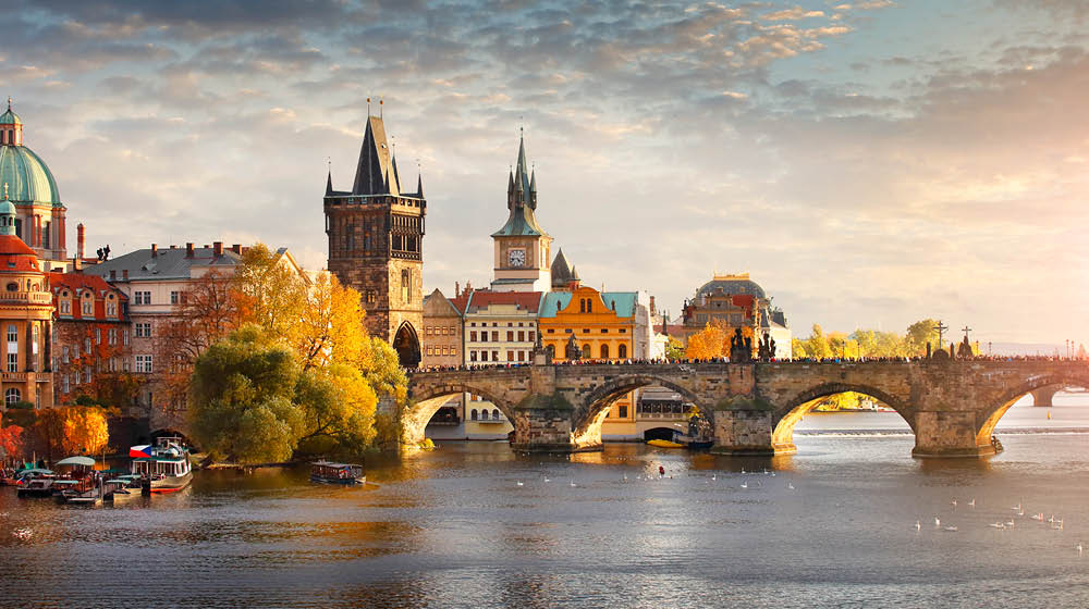 Panoramic view of Vltava river and Charles bridge in Prague, capital of the Czech republic