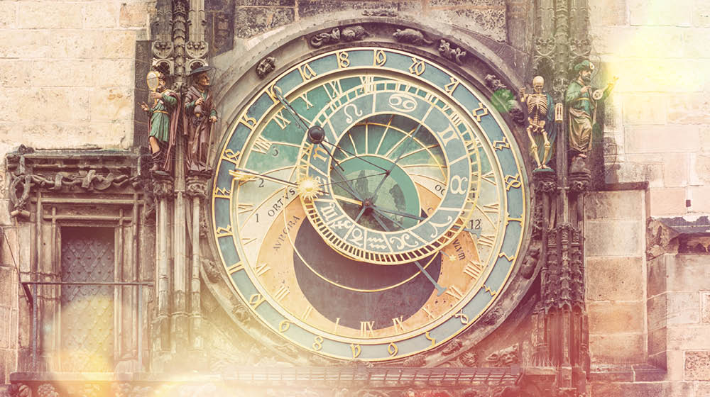 Prague Astronomical Clock (Orloj) in the Old Town Square in Prague, Czech Republic, Europe. Famous Landmarks in Praha. Vintage style toned