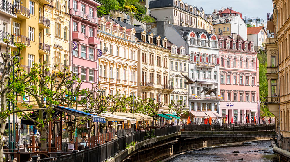 Karlovy vary cityscape in springtime. Czech Republic
