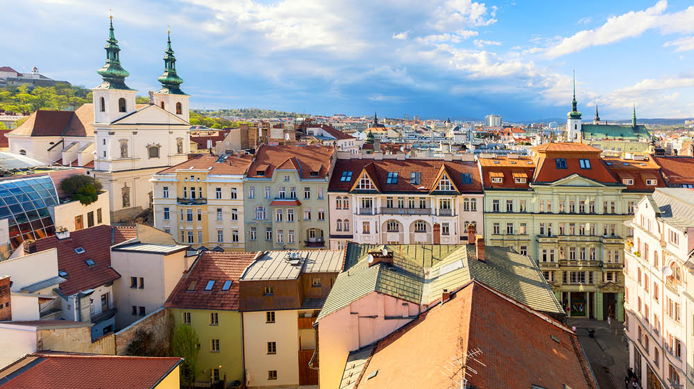 Aerial view of the old town of Brno during summer sunny day, Czech Republic. Brno is the capital of Moravia region