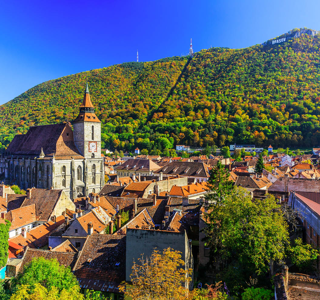 Brasov, Transylvania. Romania. Panoramic view of the old town center and Tampa mountain.