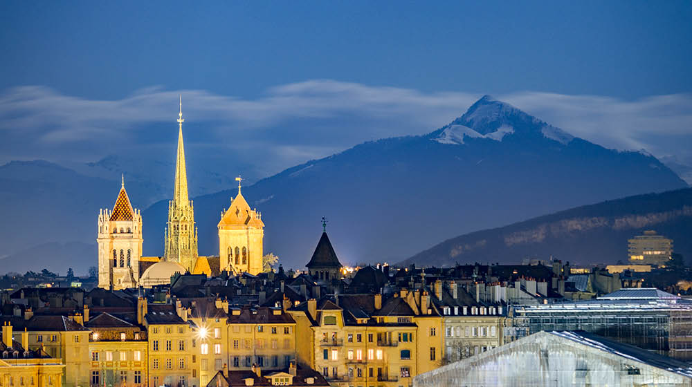 Downtown Geneva, beneath snowy mountains, Geneva