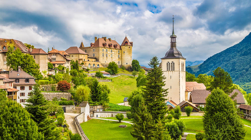 Beautiful view of the medieval town of Gruyeres, home to the world-famous Le Gruyere cheese, canton of Fribourg, Switzerland