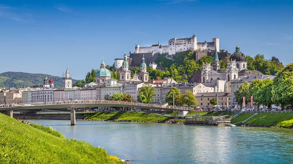 Beautiful view of Salzburg skyline with Festung Hohensalzburg and Salzach river in summer, Salzburg, Salzburger Land, Austria