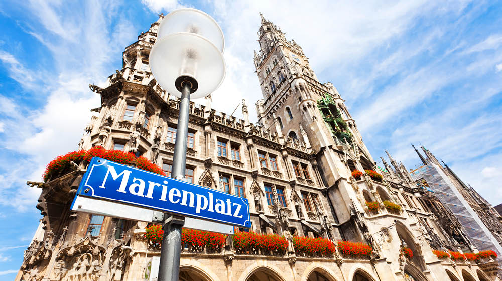 Wide angle view of Marienplatz and The New Town Hall (Neues Rathaus) in Munich, Germany.