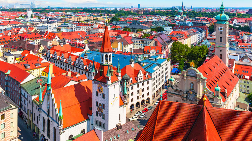 Scenic summer aerial panorama of the Old Town architecture of Munich, Bavaria, Germany