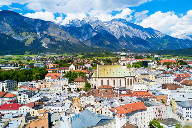 Pfarrkirche St. Nikolaus or St. Nicholas Paris Church aerial panoramic view, catholic church in Hall in Tirol, Tyrol region of Austria