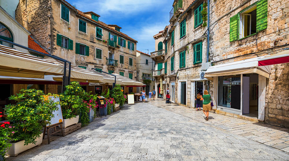 Street in Split historical center, Croatia. Beautiful square of the old town of Split in Croatia. Old stone street of Split historic city, Dalmatia, Croatia