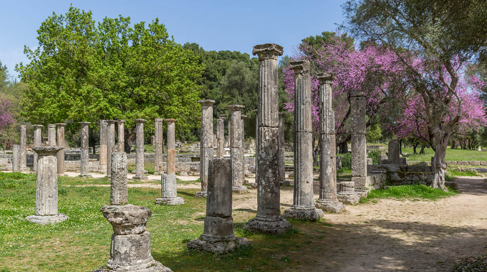 Ruins of Ancient Olympia, a sanctuary in Elis on the Peloponnese peninsula, Greece