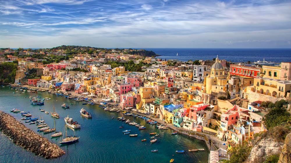 Harbor and ciry of Corricella, Island of Procida, Bay of Naples, Italy