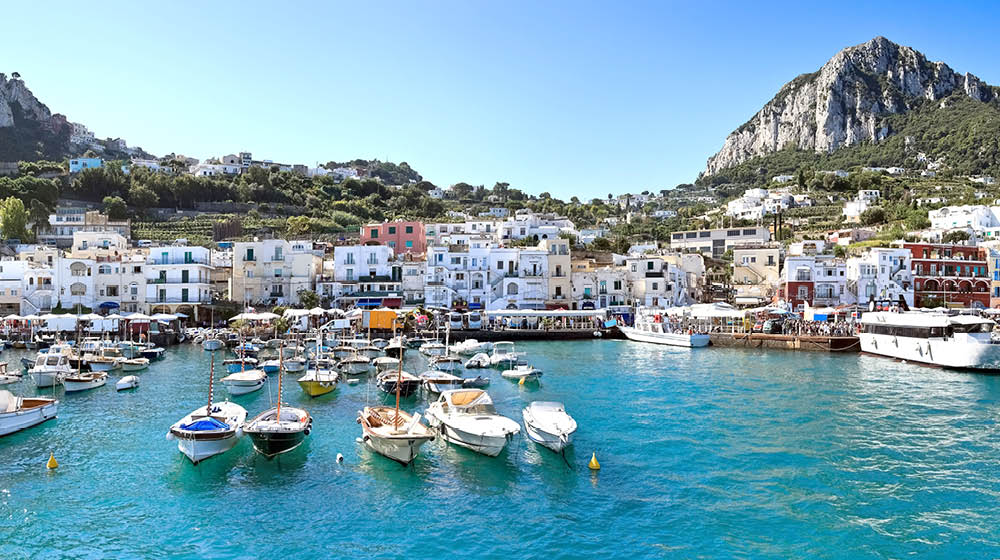 Panorama of sea port Marina Grande, Capri island (Italy). Image assembled from few frames