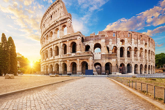 The Coliseum or Flavian Amphitheatre (Amphitheatrum Flavium or Colosseo), Rome, Italy.