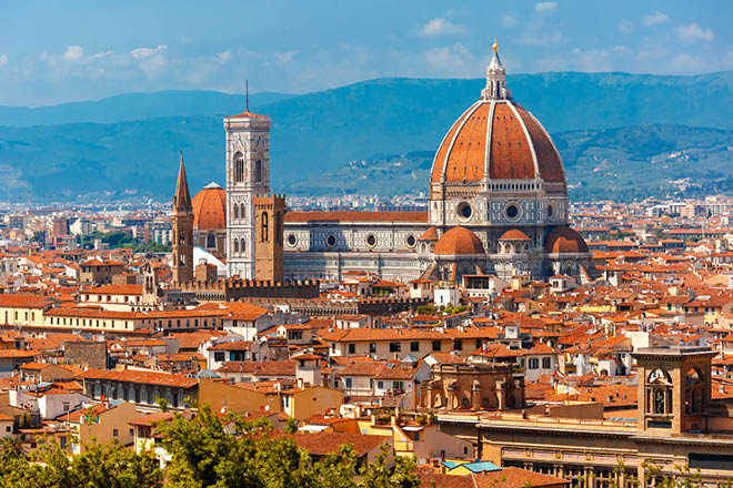 Duomo Santa Maria Del Fiore and Bargello in the morning from Piazzale Michelangelo in Florence, Tuscany, Italy