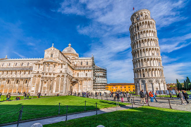 Italy, Pisa, Piazza del Duomo - shot at the monuments in piazza del duomo where there is the famous leaning tower of Pisa