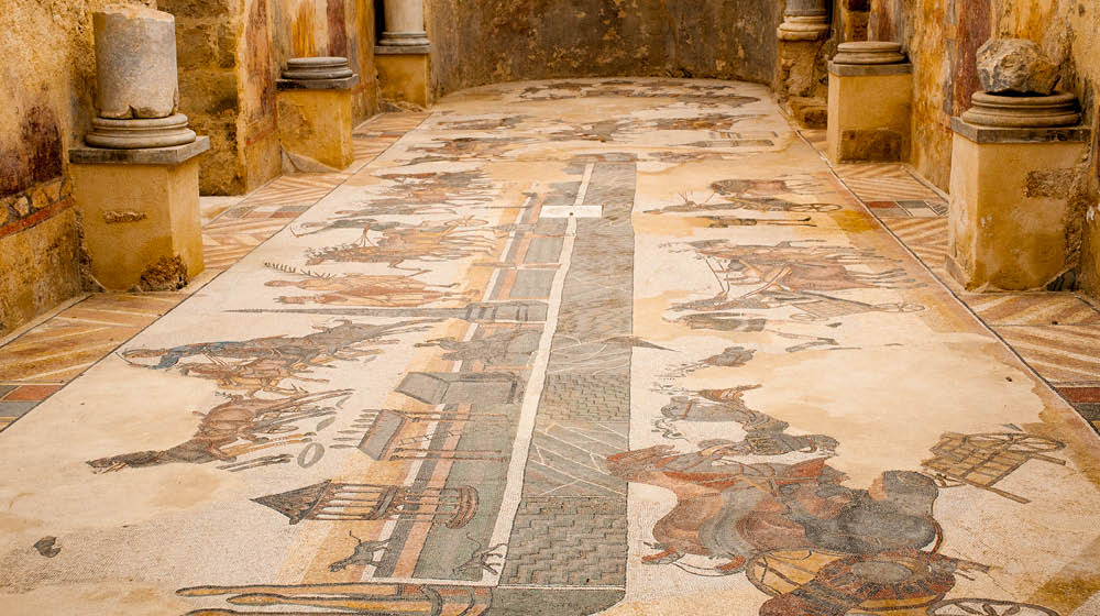 Mosaics of the roman Villa del Casale in Piazza Armerina depicting the daily life and customs of the ancient Romans