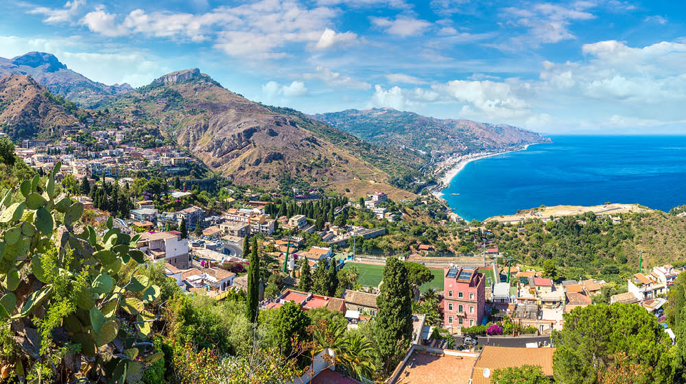 Panoramic aerial view of Taormina in Sicily, Italy in a beautiful summer day