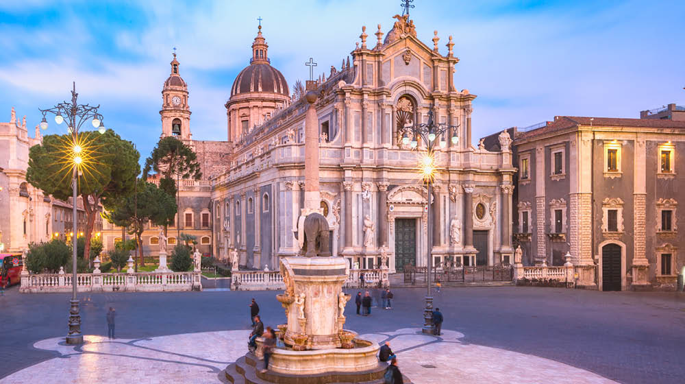 Piazza Duomo in Catania with the Cathedral of Santa Agatha and Liotru, symbol of Catania in the evening, Sicily,