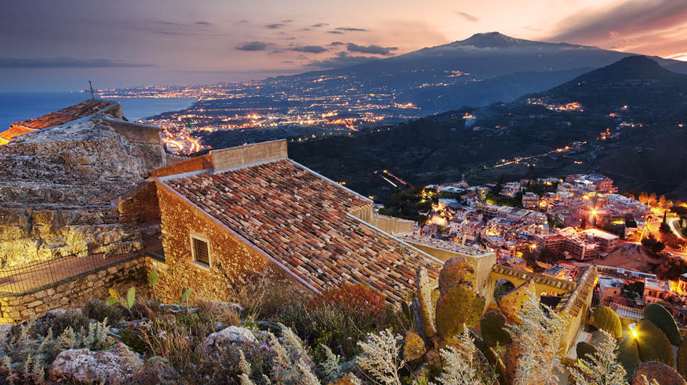 Sicily, aerial view of Etna volcano from Taormina