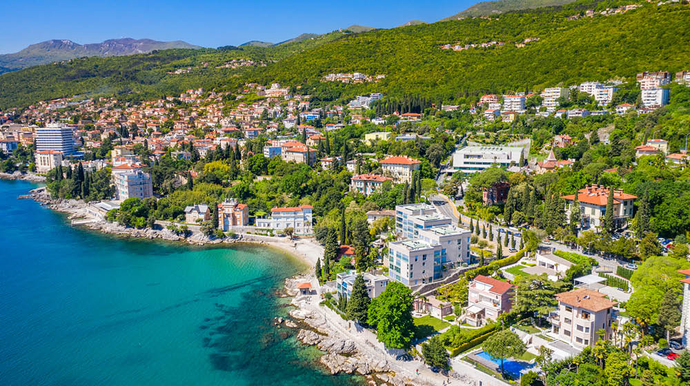 Croatia, Adriatic coast, beautiful town of Opatija and Volosko, popular tourist resort, coastline aerial view, Kvarner bay