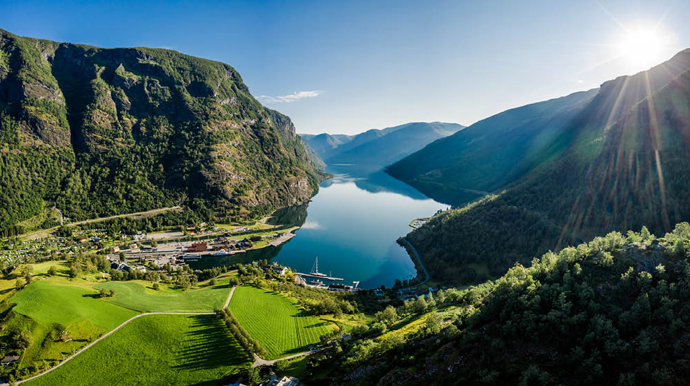 Aurlandsfjord Town Of Flam at dawn. Beautiful Nature Norway natural landscape.