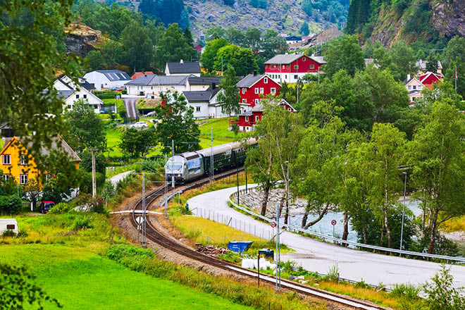 Flam, Norway Myrdal train in Norwegian village near Sognefjord fjord, local landmark