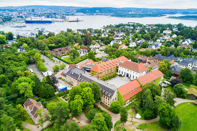 Norwegian Museum of Cultural History or Norsk Folkemuseum aerial panoramic view, located at Bygdoy peninsula in Oslo, Norway