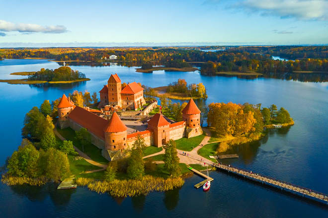 Beautiful drone landscape image of Trakai castle