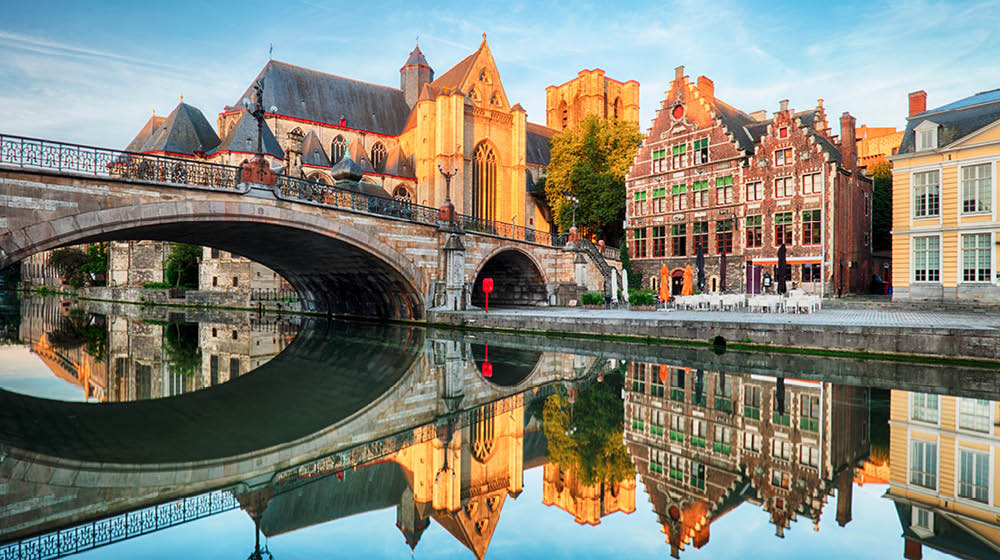 Medieval cathedral and bridge over a canal in Ghent - Gent, Belgium, Sint - Michielskerk