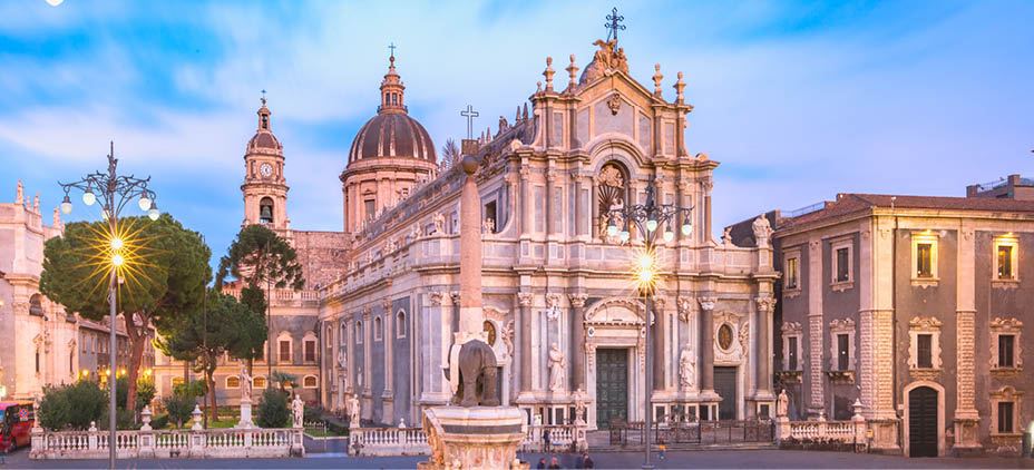 Piazza Duomo in Catania with the Cathedral of Santa Agatha and Liotru, symbol of Catania in the evening, Sicily,